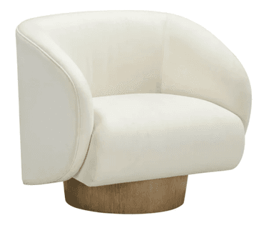 A contemporary barrel swivel armchair featuring a deeply curved, enveloping form upholstered in a cream-colored fabric, supported by a circular wooden plinth base. — 3D model