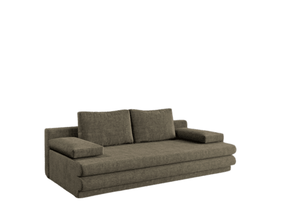 A contemporary two-seater sofa with a low profile and integrated armrests. The upholstery features a prominent corduroy texture. The sofa has two back cushions and two armrest cushions that appear to be separate from the main frame. The base of the sofa has a layered appearance. — 3D model