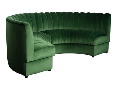 An emerald green velvet sectional sofa with channel tufting, featuring a primary curved section and an angular extension with an armrest, resting on a low-profile base. — 3D model