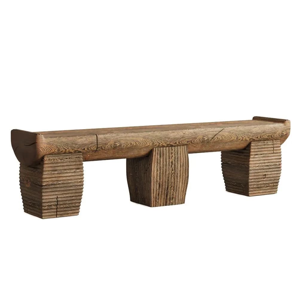A rustic bench constructed from heavy, natural wood logs. The seat appears to be a single, elongated, half-log with a rounded top and a flat underside. It is supported by two thick, block-like legs on either end and a central, cylindrical support. The legs and central support exhibit textured, grooved surfaces, suggesting a carved or distressed finish. The wood grain is prominent, indicating a natural, possibly reclaimed wood material. The overall aesthetic is raw and organic. — 3D model