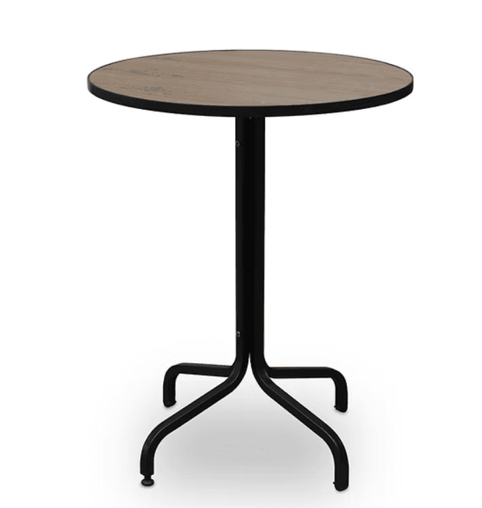 A round bar table featuring a light wood-grain laminate top and a black powder-coated steel pedestal base with a four-prong design. — 3D model