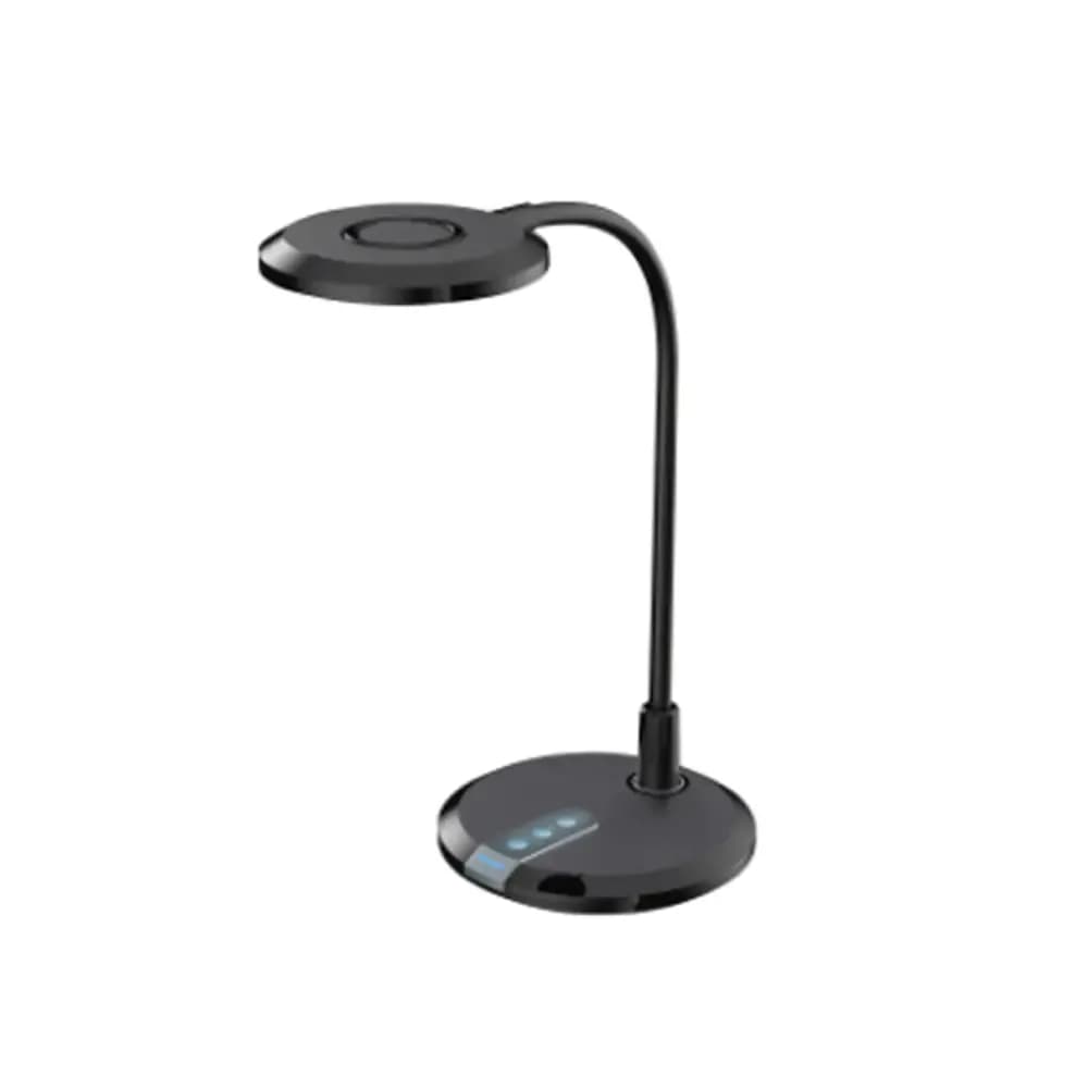 A modern black LED desk lamp featuring a circular base with touch controls, a flexible gooseneck arm, and a flat, round light head. The lamp has a minimalist aesthetic and an all-black finish. — 3D model