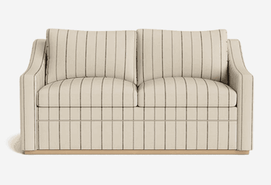 A contemporary two-seater sofa or loveseat upholstered in a light, striped fabric and resting on a wooden plinth base. The back and armrests feature vertical stripes, while the seat and back cushions have horizontal stripes. The design is low-profile with gently curved arms. — 3D model