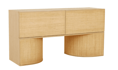 A contemporary console table featuring a rectangular top, two drawers on the front, and two curved leg structures at the base. The drawer fronts and the curved leg structures are covered in woven material, likely rattan or seagrass, giving it a natural texture. The top surface and the framing appear to be made of wood. — 3D model