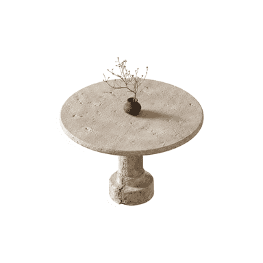 A round, pedestal table with a rough, textured surface. The pedestal has a columnar design with a decorative base and capital, reminiscent of classical architecture. A small, dark ceramic vase with a dried plant is placed on the tabletop. — 3D model