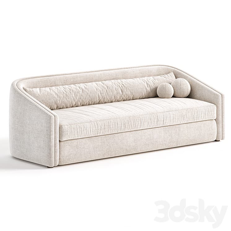A modern upholstered sofa featuring integrated, rounded armrests and a continuous backrest, all covered in a light, textured fabric. It includes a long bolster pillow and two spherical decorative pillows. — 3D model