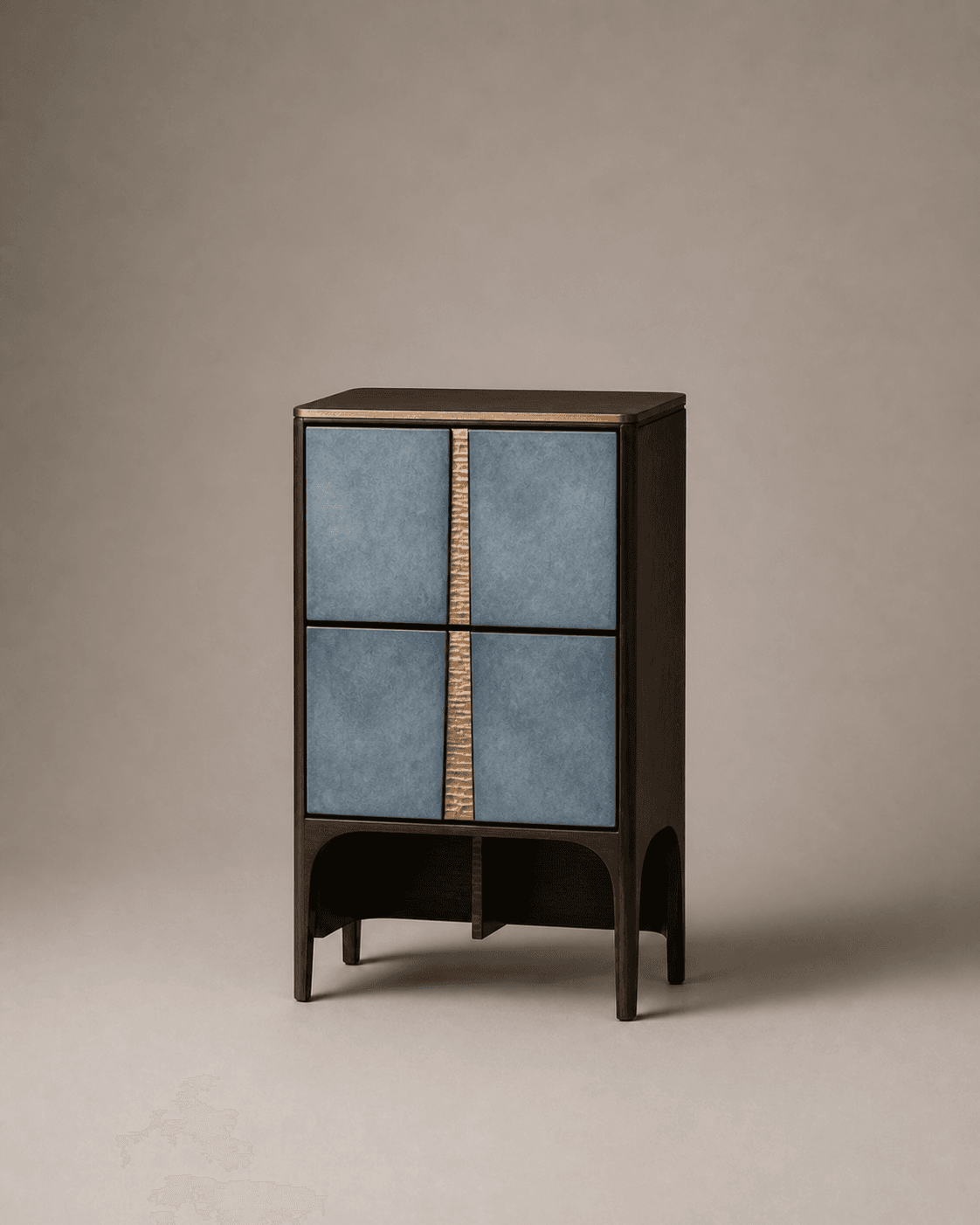 A modern, dark wood cabinet with a distinctive front design featuring four square panels in a textured blue material, divided vertically by a textured golden-brown element. The cabinet stands on four curved legs, with an open shelf space visible underneath the main body. The top surface appears to be a dark, polished wood. — 3D model