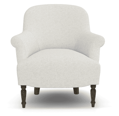 An upholstered armchair viewed from a rear-right angle, featuring a light, neutral-toned fabric. The chair displays classic design elements including a high, subtly curved back and substantial, rolled arms. It is supported by four exposed wooden legs, with the front legs appearing turned or carved, and the rear legs being simpler and tapered. The overall form suggests comfort and a traditional aesthetic. — 3D model