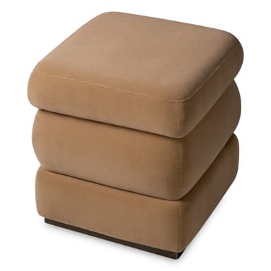 A stacked ottoman with three plush, cushion-like sections. The top two sections appear slightly rounded inwards where they meet the section below, creating a subtle curve. The base is a dark, low-profile plinth. The upholstery is a soft, textured fabric. — 3D model