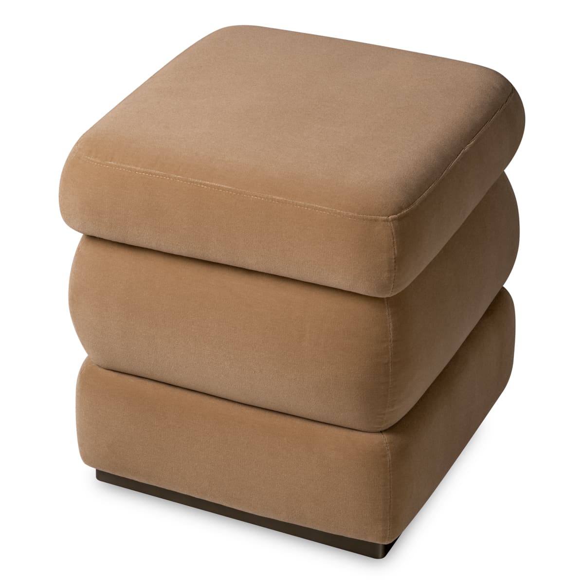 A stacked ottoman with three plush, cushion-like sections. The top two sections appear slightly rounded inwards where they meet the section below, creating a subtle curve. The base is a dark, low-profile plinth. The upholstery is a soft, textured fabric. — 3D model