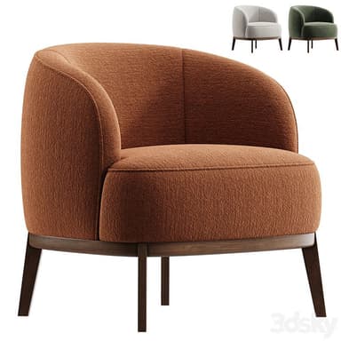 A modern armchair with a curved, upholstered back and seat. It features a rounded silhouette and is supported by four dark wooden legs attached to a wooden base frame. — 3D model