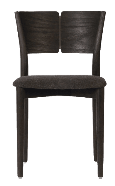 A modern dining chair featuring a dark stained wooden frame and an upholstered seat. The chair has a minimalist design with straight, slightly tapered legs and a gently curved backrest. The seat is covered in a dark, textured fabric. — 3D model