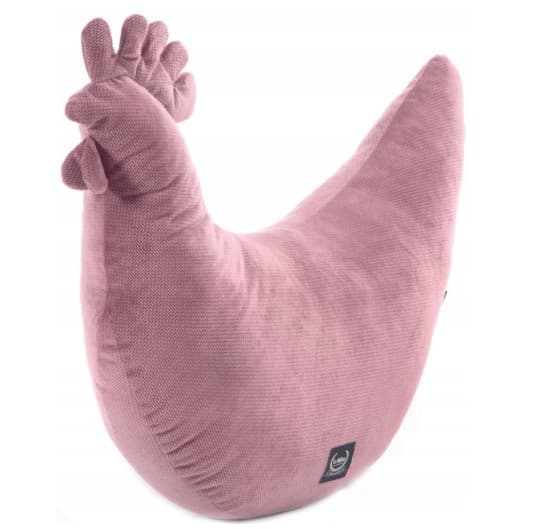 A novelty cushion shaped like a chicken. It is a soft, fabric-covered pillow with detailing that mimics the features of a chicken, including a comb, wattle, and tail feathers. The object has a textured surface. — 3D model