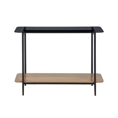 A modern two-tier console table featuring a matte black metal frame. The top shelf is a rectangular piece of dark, possibly black glass or solid material, with rounded corners. The lower shelf is a rectangular piece of light-toned wood, also with rounded corners. The table stands on four slender black metal legs. — 3D model