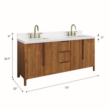 A double vanity unit featuring two sinks integrated into a white countertop. The base cabinet is constructed from wood with a visible grain pattern, and it has a combination of cabinet doors and drawers. The hardware, including the drawer pulls and the faucets, appears to be made of brass or a similar gold-toned metal. The unit is supported by four tapered legs. — 3D model