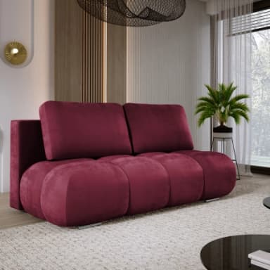 A modern sofa upholstered in plush burgundy velvet, featuring a segmented, rounded seat design and two rectangular back cushions, supported by subtle low-profile metal feet. — 3D model