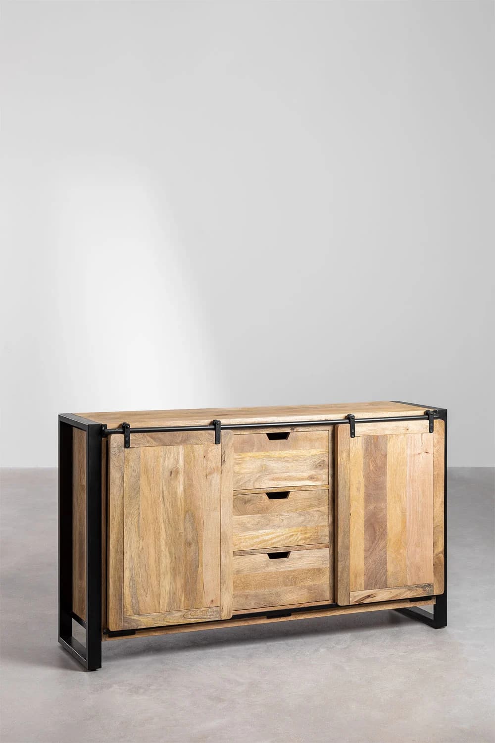 A contemporary sideboard featuring a light-colored wooden body with visible grain patterns, framed by a black metal structure. The front has two sliding doors, one of which is partially open, and three drawers stacked vertically. The sliding doors operate on a visible black metal rail system located at the top. — 3D model