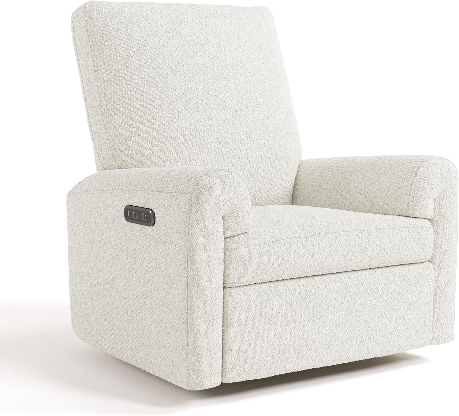 A modern power recliner upholstered in a textured, off-white fabric, featuring integrated controls on the armrest and a concealed base. — 3D model