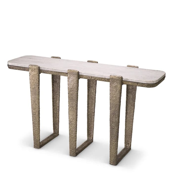 A long, narrow console table featuring a rectangular marble tabletop with softly rounded corners, supported by a series of textured, tapered, cast bronze legs. Each leg forms a U-shape at its base for stability, and the bronze exhibits a rough, artisanal surface finish. The white marble top displays subtle grey veining. — 3D model