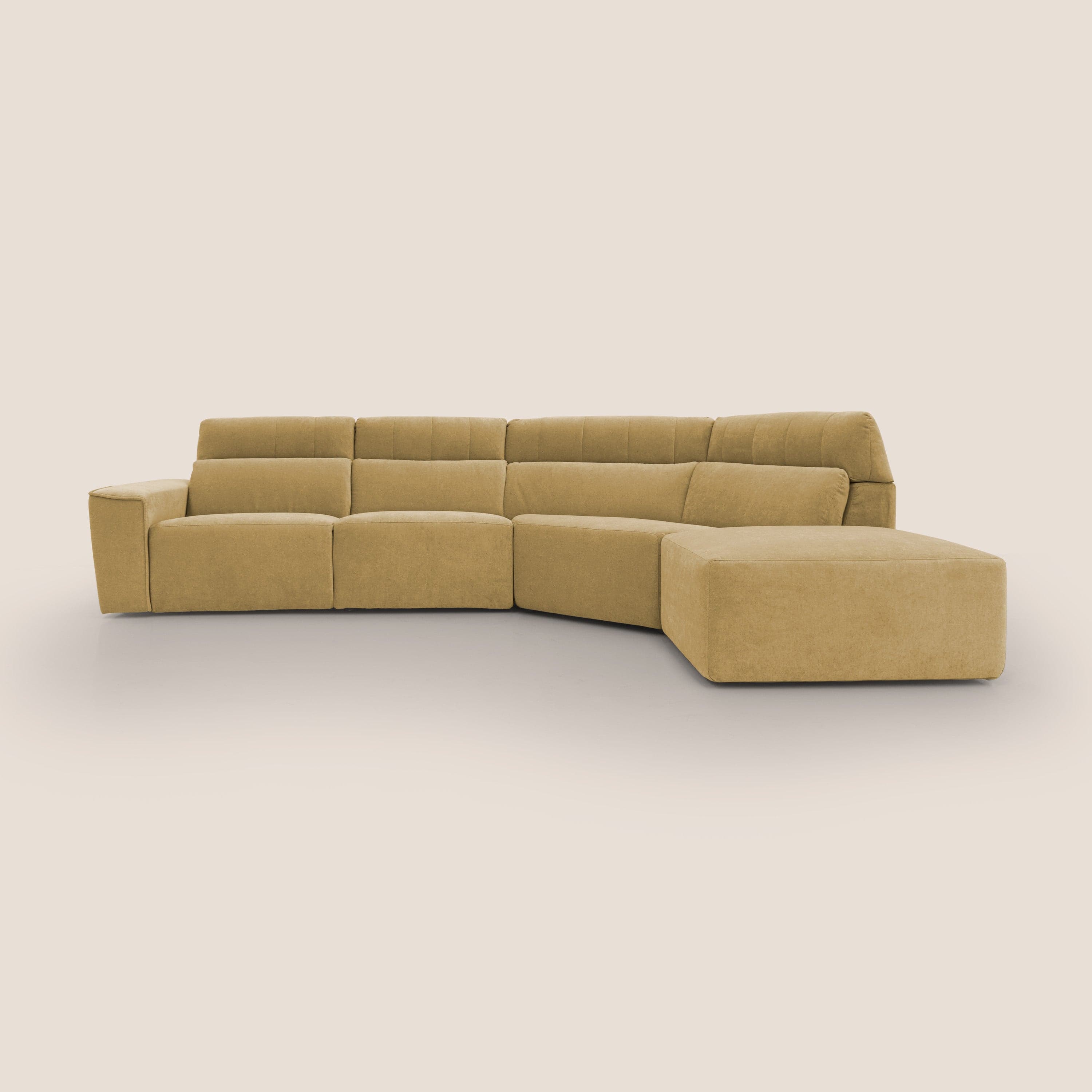 A modular sectional sofa with a chaise lounge component. The sofa features a low-profile design with deep seating and upholstered arms and backrests. The backrests appear to be segmented and possibly adjustable for comfort. The fabric has a soft texture, suggesting it is velvet or a similar plush material. — 3D model