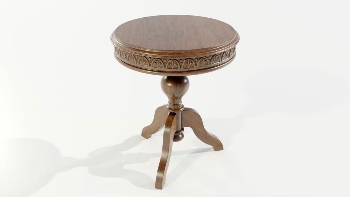 A small, round, dark wood pedestal table featuring intricate carvings on the apron and a turned central base with three curved legs. — 3D model