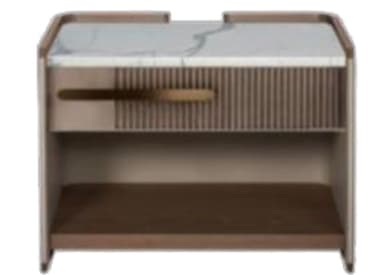 A modern nightstand featuring a white marble-patterned top surface, a fluted drawer front, and an open lower storage shelf. The main body is constructed from a taupe-colored material, likely wood or MDF, with softly rounded edges. A horizontal metallic pull handle in a brass or gold finish is centered on the drawer. The lower shelf is a darker brown, contrasting with the primary taupe frame. — 3D model
