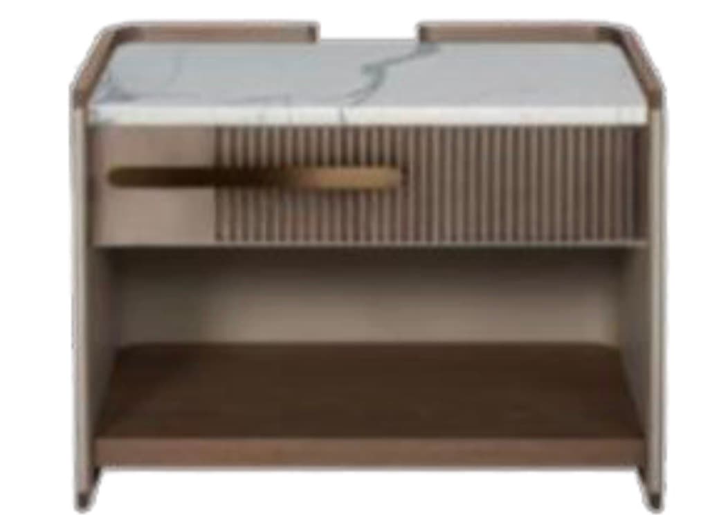 A modern nightstand featuring a white marble-patterned top surface, a fluted drawer front, and an open lower storage shelf. The main body is constructed from a taupe-colored material, likely wood or MDF, with softly rounded edges. A horizontal metallic pull handle in a brass or gold finish is centered on the drawer. The lower shelf is a darker brown, contrasting with the primary taupe frame. — 3D model