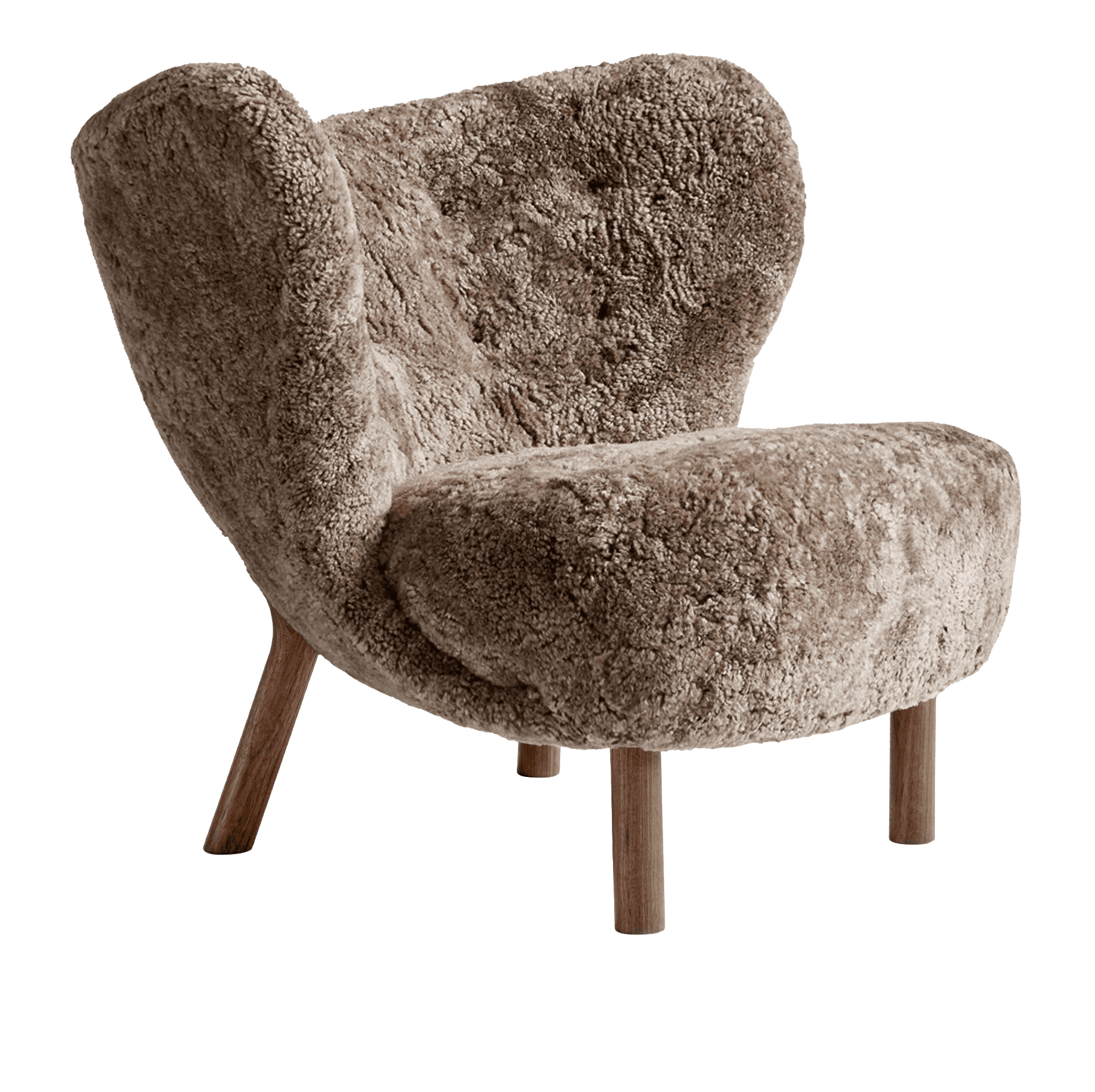 A contemporary lounge chair featuring a plush, rounded form upholstered in a thick, shaggy taupe-colored sheepskin or faux sheepskin material. The chair has an enveloping, cocoon-like backrest that curves around to form the armrests, and a soft, deep seat. It is supported by four wooden legs: two straight, cylindrical legs at the front and two thicker, angled legs at the rear, all with a natural wood finish. — 3D model