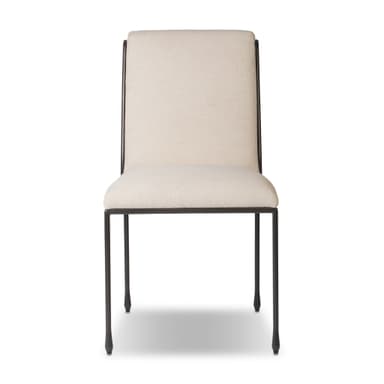 An armless dining chair featuring a minimalist dark metal frame and light beige upholstered seat and back. The design is sleek and contemporary, emphasizing clean lines and comfort. — 3D model
