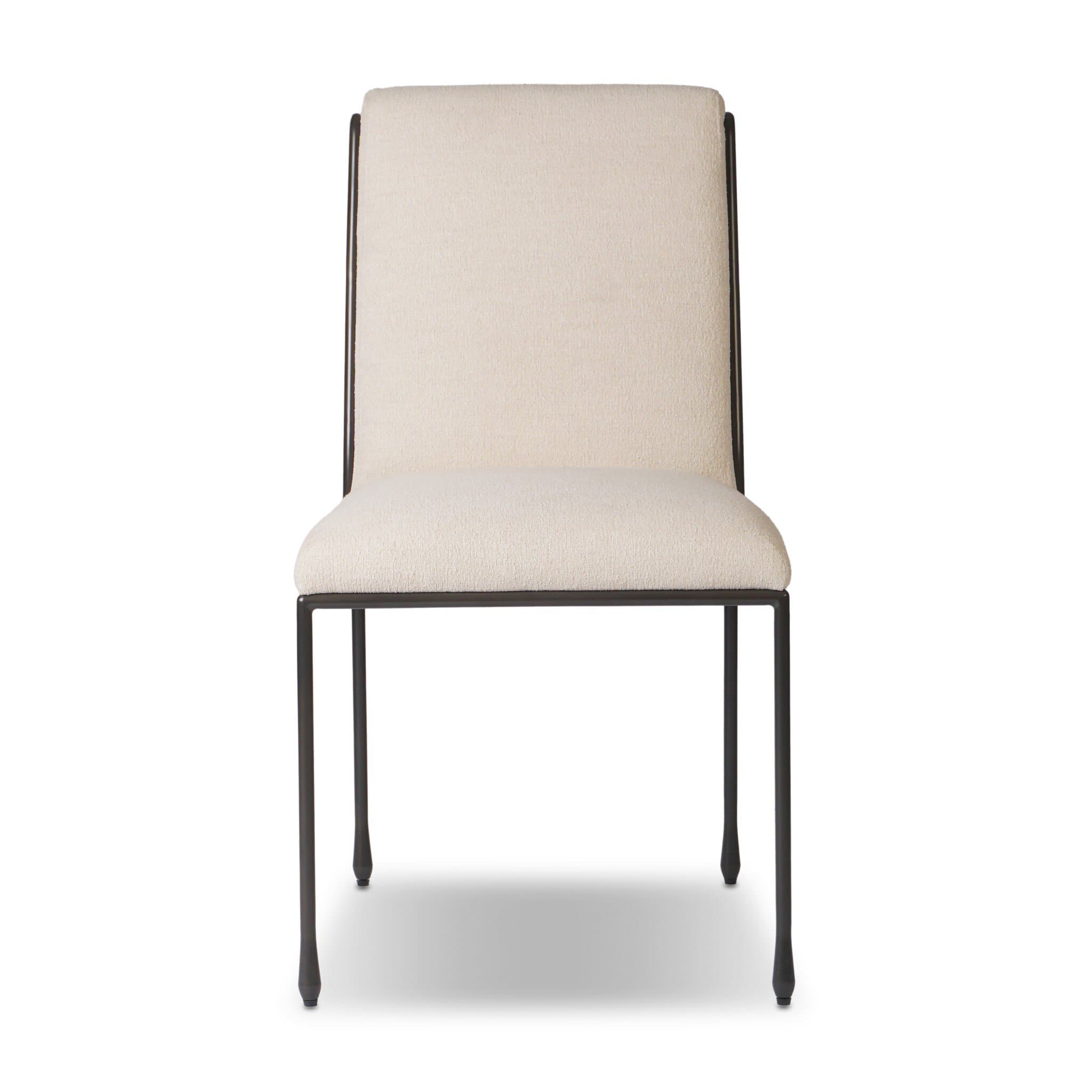 An armless dining chair featuring a minimalist dark metal frame and light beige upholstered seat and back. The design is sleek and contemporary, emphasizing clean lines and comfort. — 3D model