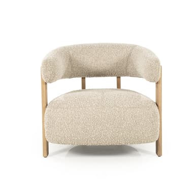 A modern armchair with a textured boucle upholstery and a wooden frame. The chair features a rounded seat and backrest, supported by four visible wooden legs and structural elements. The arms are integrated into the backrest structure. — 3D model