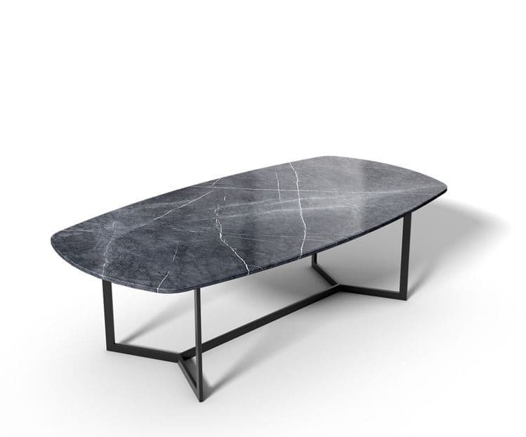An elegant contemporary dining or conference table featuring an elongated oval, or racetrack-shaped, tabletop made from dark gray marble with prominent white veining. The table is supported by a minimalist, geometric base constructed from black metal, comprising two inverted V-shaped supports connected by a central horizontal bar. — 3D model
