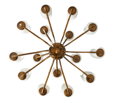 A vintage chandelier with a central brass stem and a circular arrangement of multiple arms, each supporting a white, opaque glass shade. The shades have a distinctive teardrop or flame-like shape. The overall design suggests a mid-century modern aesthetic. — 3D model