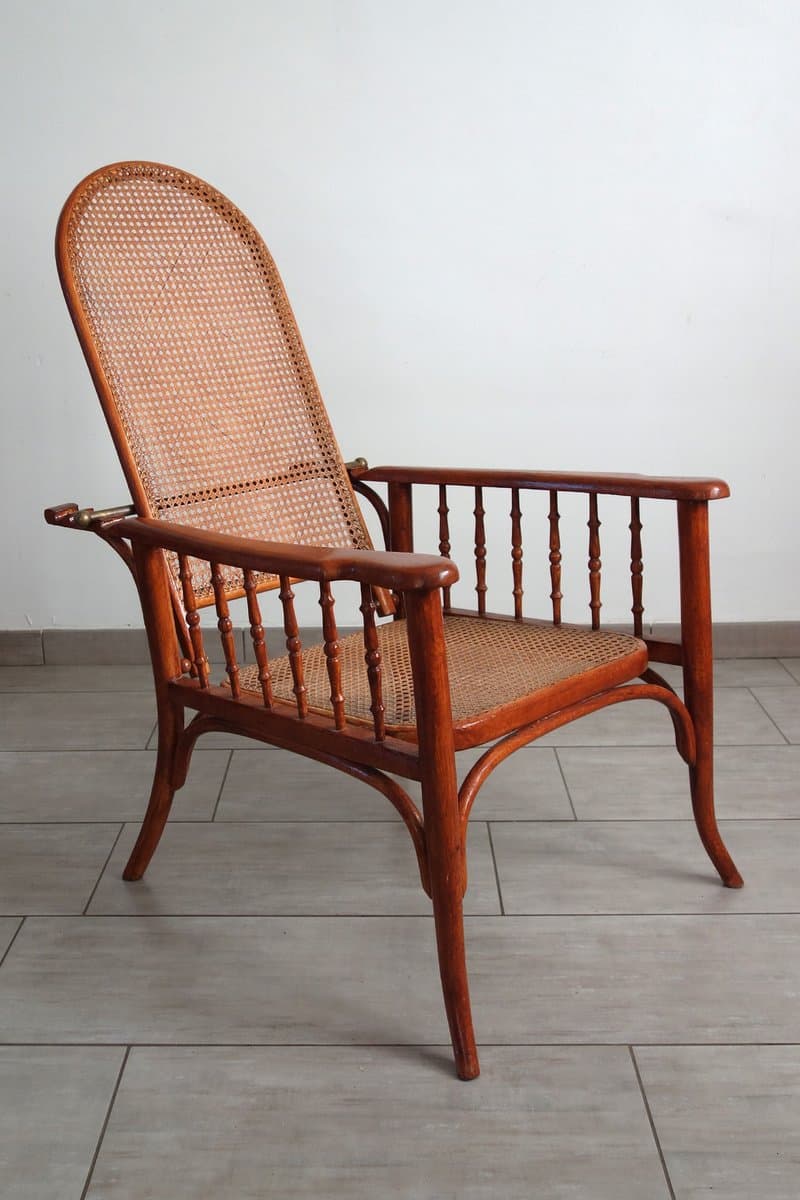 A bentwood armchair featuring a medium brown wooden frame and natural cane webbing for both the seat and the tall, arched backrest. The armrests are supported by multiple turned spindles, and the legs exhibit elegant curves characteristic of bentwood furniture. — 3D model