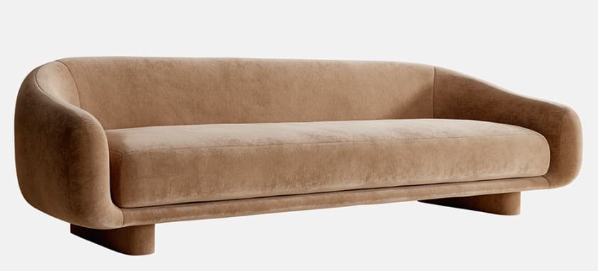 A modern sofa with a rounded, organic silhouette. It features integrated armrests that flow into the backrest, creating a continuous form. The upholstery appears to be a soft, textured fabric. The base consists of two thick, rectangular legs at the front and a more substantial, integrated plinth-like base at the rear, creating a subtle asymmetry. — 3D model