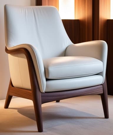 A modern armchair featuring an off-white upholstered body with visible dark walnut wood frame elements, including curved armrests and tapered legs. — 3D model