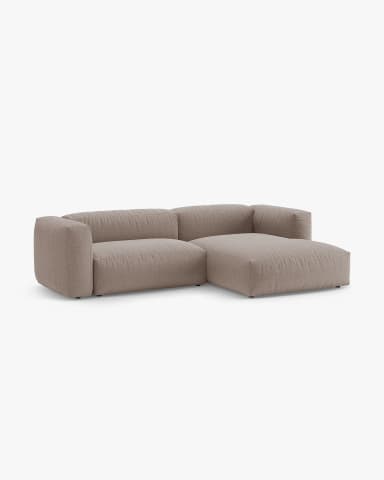A modern, low-profile modular sectional sofa featuring an integrated chaise lounge and wide, upholstered armrests, all covered in a neutral taupe woven fabric. — 3D model
