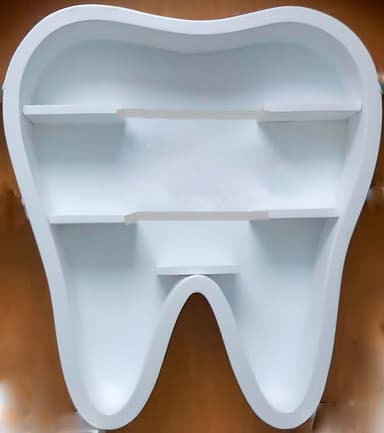 A white, novelty wall shelf shaped like a human tooth, featuring multiple internal horizontal shelves for display. The overall form is smooth, with rounded edges and a matte finish, suggesting a modern or whimsical design intended for specific themed environments or decorative purposes. It appears to be a digital rendering of a product. — 3D model