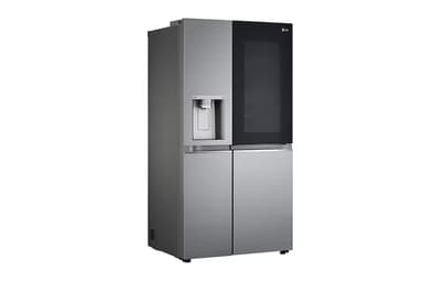 A modern side-by-side refrigerator featuring a stainless steel finish and a black glass InstaView Door-in-Door panel on the upper right. The left door includes an integrated ice and water dispenser. The appliance has a four-door configuration, with two upper doors for refrigeration and two lower doors likely for freezer compartments. Dimensions are provided as 1790mm height, 913mm width, and 735mm depth. — 3D model