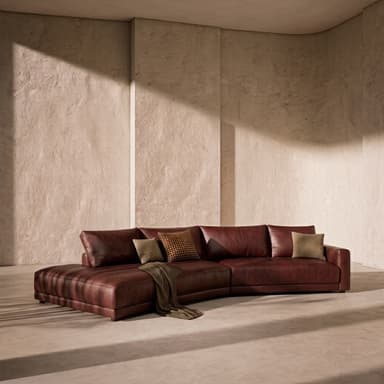 A modern L-shaped sectional sofa upholstered in dark reddish-brown (burgundy) leather, featuring a chaise lounge on the left side and multiple seat cushions, accompanied by various throw pillows and a draped olive-green blanket. — 3D model