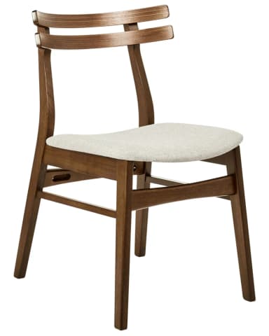 A wooden dining chair with a light grey upholstered seat and a curved backrest composed of two horizontal wooden slats. The frame is constructed from dark stained wood with visible grain. — 3D model