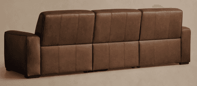 A three-seater sofa with a sleek, modern design. The sofa features channel tufting on the back cushions and seat cushions, creating a segmented appearance. The armrests are slightly rounded and integrated into the main body of the sofa. The sofa appears to be upholstered in a smooth, rich brown leather. — 3D model