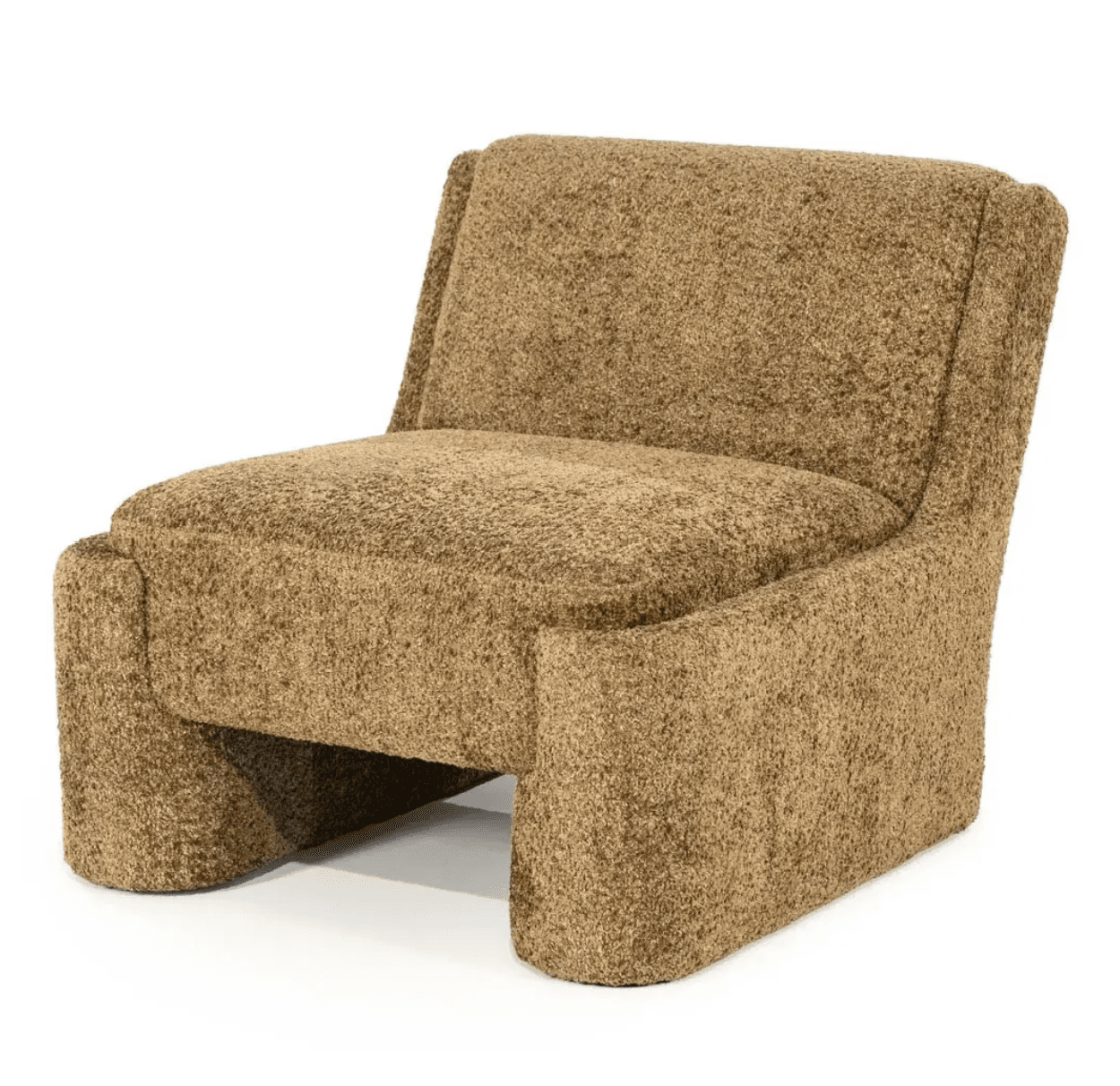 A low-profile, armless lounge chair upholstered in a rich, textured brown boucle fabric. The chair features a distinctive block-like design with an integrated base, creating a seamless and substantial silhouette. Its contemporary aesthetic is characterized by soft lines and a plush appearance. — 3D model