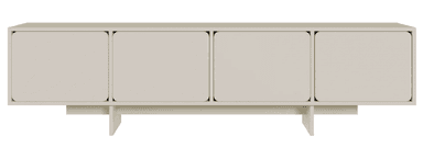 A modern, minimalist four-door sideboard with a matte greige finish and softly rounded door corners. It features a handleless design and rests on a distinctive, architectural plinth base composed of intersecting rectangular panels. The overall aesthetic is clean and contemporary. — 3D model