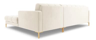 An L-shaped modern sectional sofa upholstered in a cream or off-white fabric, featuring deep button tufting on the seat and back cushions. It includes a detached chaise lounge section and is supported by slender, gold-finished metal legs. Two cylindrical bolster pillows are placed at each end of the main sofa component. — 3D model