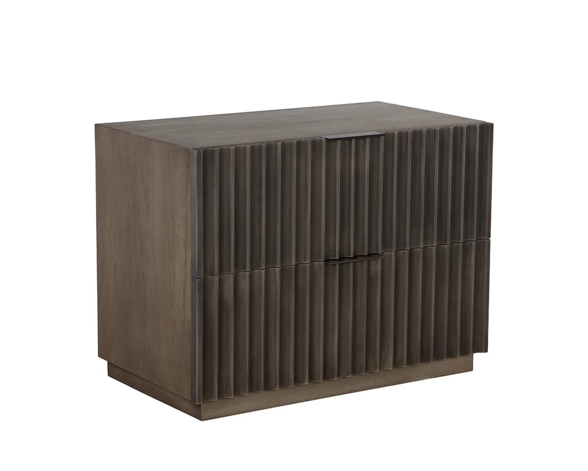A two-drawer nightstand with a ribbed or fluted texture on the drawer fronts and sides. It has a rectangular base and a minimalist, integrated handle on each drawer. — 3D model
