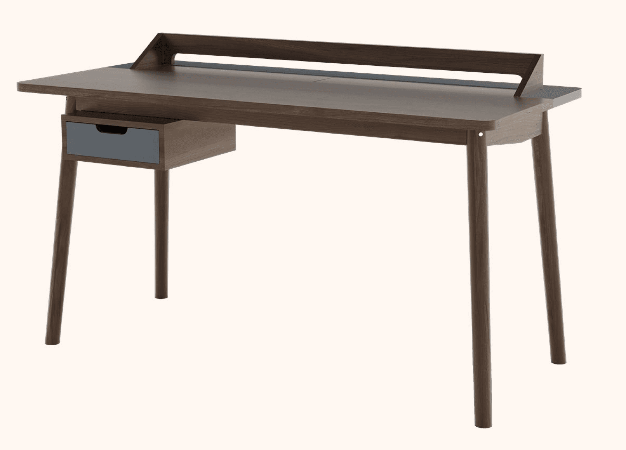 A modern wooden desk with a dark wood finish on the main structure and legs. It features a single grey drawer on the left side, and a raised back panel with angled supports. The desk has a minimalist design with clean lines and tapered legs. — 3D model