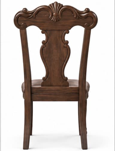 A dark brown wooden side chair featuring elaborate carving on its backrest and an upholstered seat. The chair has a traditional design with turned front legs and gently curved rear legs. The backrest includes a prominent carved crest rail and an openwork scrolled design flanking a central splat. — 3D model