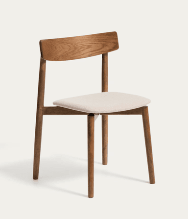 A modern dining chair featuring a solid wood frame with a curved wooden backrest and an upholstered seat. The chair exhibits clean lines and a minimalist design. — 3D model
