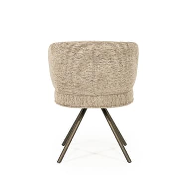 A modern armchair with a curved backrest and a upholstered seat. The chair features a four-legged pedestal base with splayed legs, constructed from metal. The upholstery has a textured woven pattern. The chair appears to be designed for dining or accent seating. — 3D model